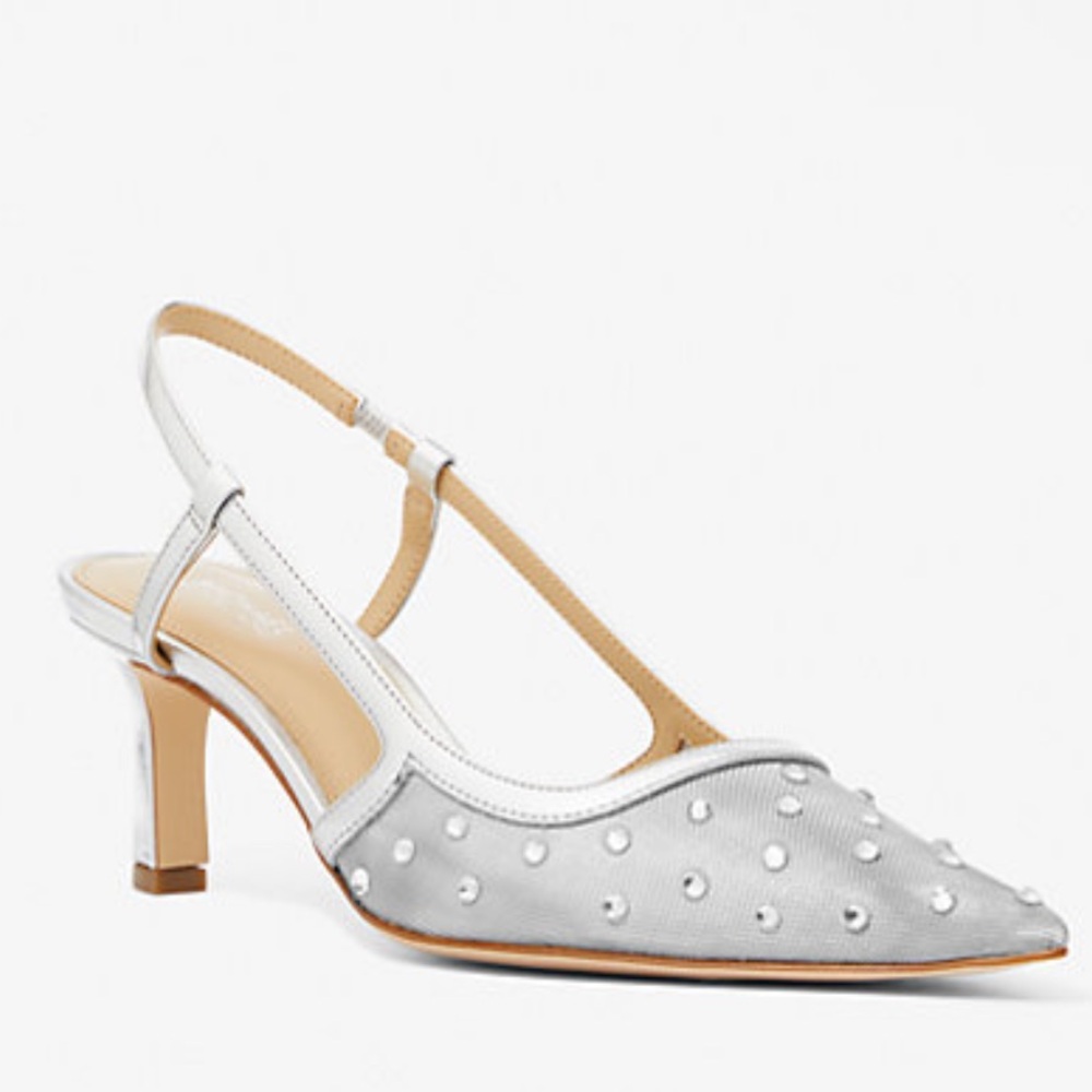 Michael Kors Silver Alora Mid Sling embossed Glittery Croc Leather Shoes. - Picture 2 of 12